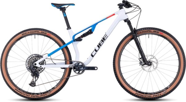 VTT Tout-Suspendu Cube AMS Zero99 C:68X SLX 29 Sram GX Eagle AXS 12V 29'' Blanc Bleu Teamline 2023